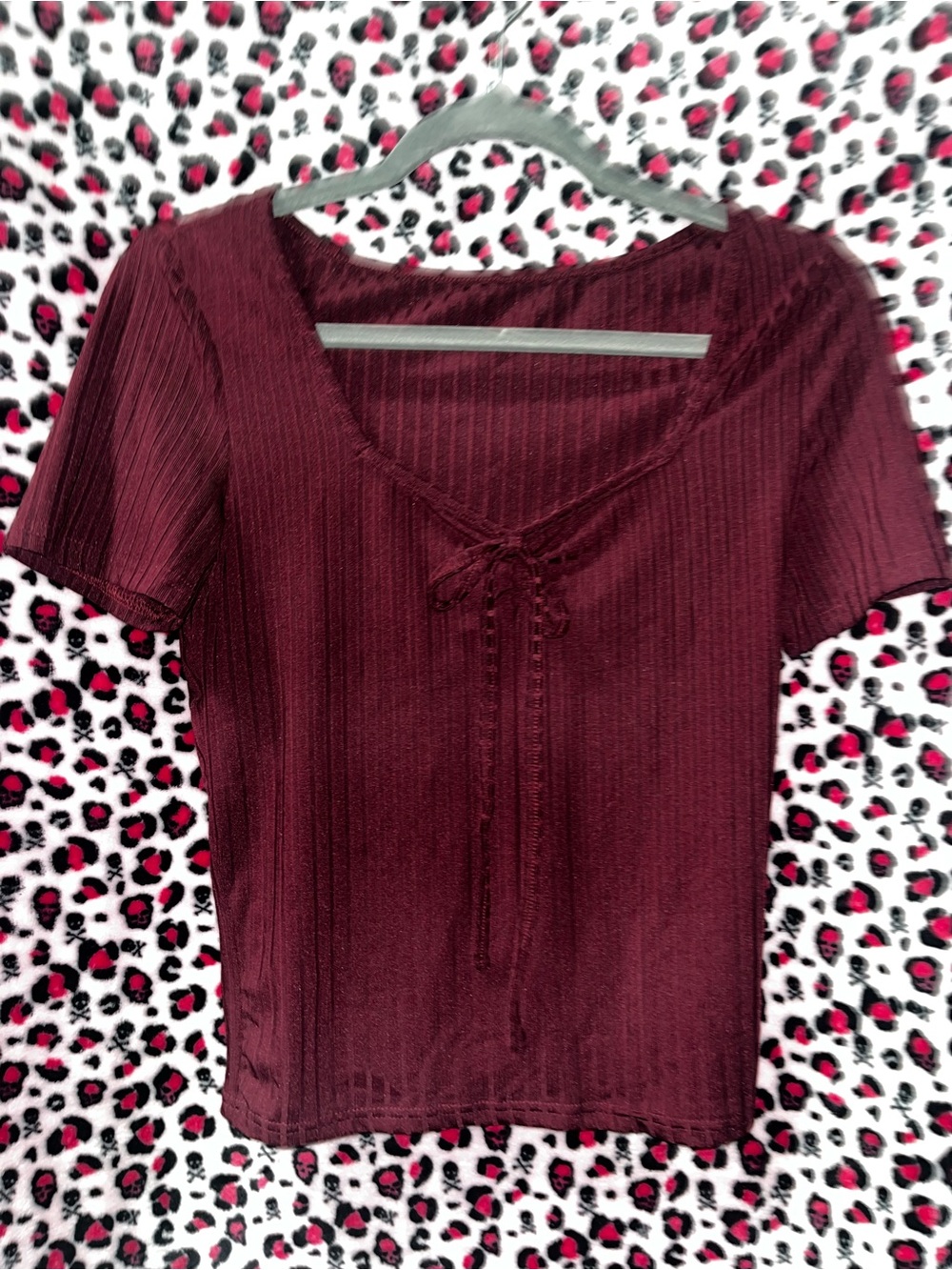 SHEIN Burgundy Ribbed Tie-Front Short Sleeve Top